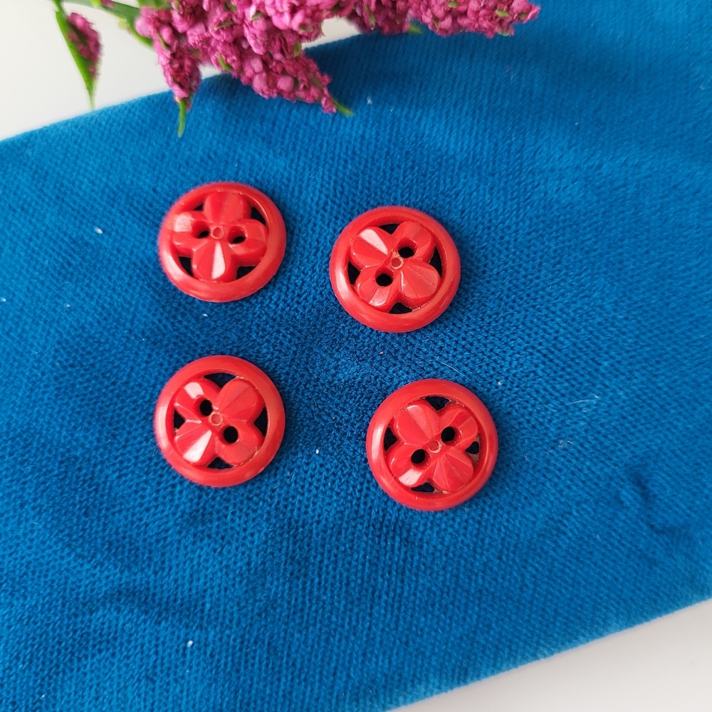 Vintage Round Red Plastic Flat Cross Cutout Design Sewing Buttons ~ 4 Pieces